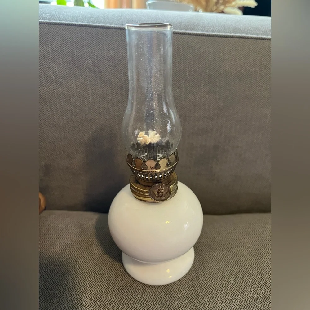 Elegant Vintage Mini White Milk Glass Lantern with Brass Detail